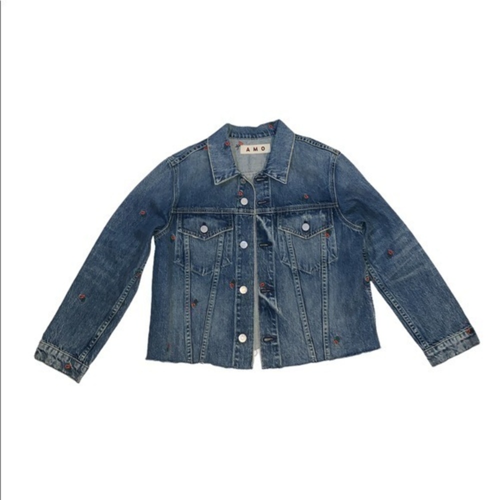 AMO Denim rosebud embroidered cropped pop jacket